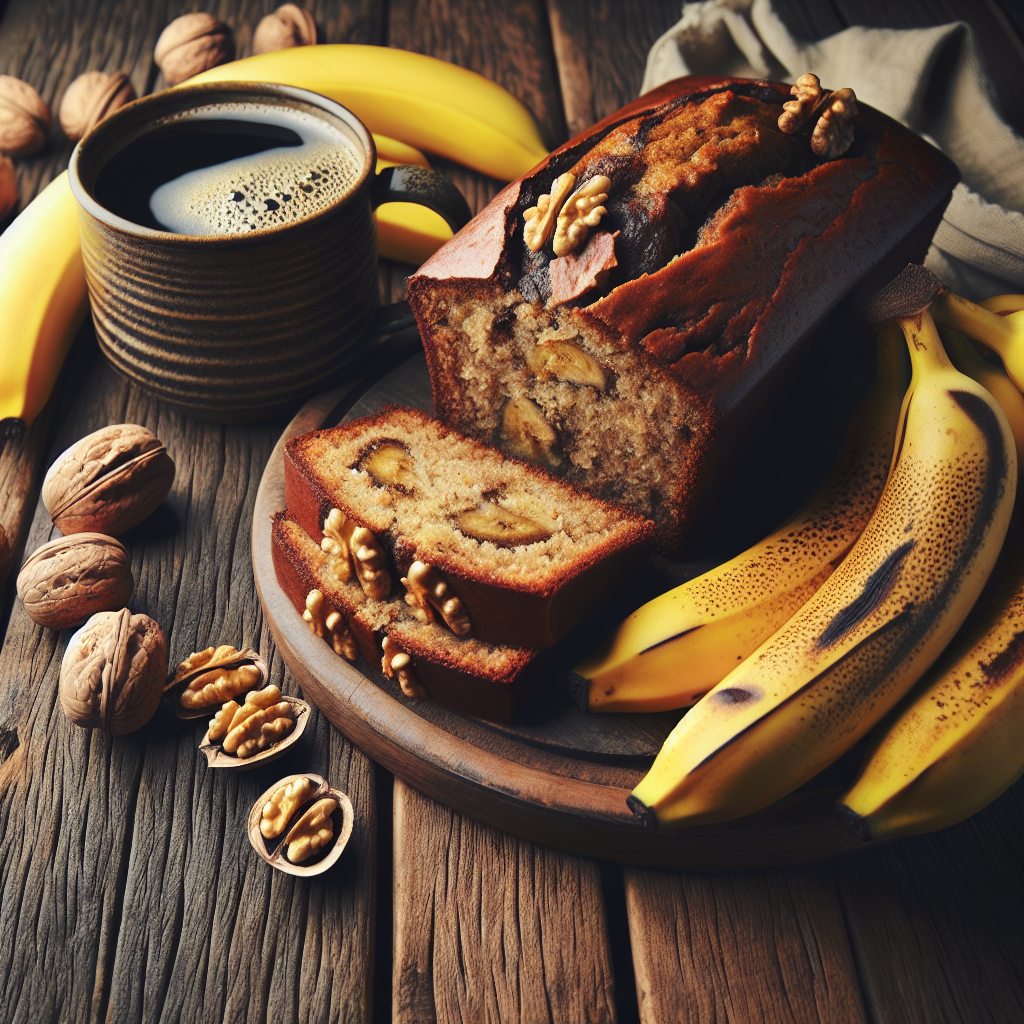 ** A loaf of vegan banana bread with slices fanned out on a wooden surface, accompanied by bananas and walnuts.