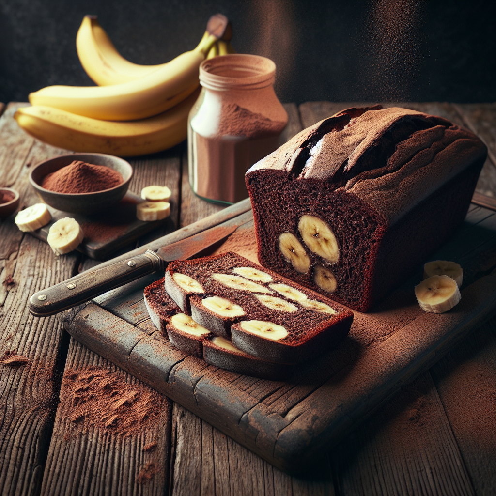 A freshly baked loaf of vegan chocolate banana bread with slices laid out on a rustic table.