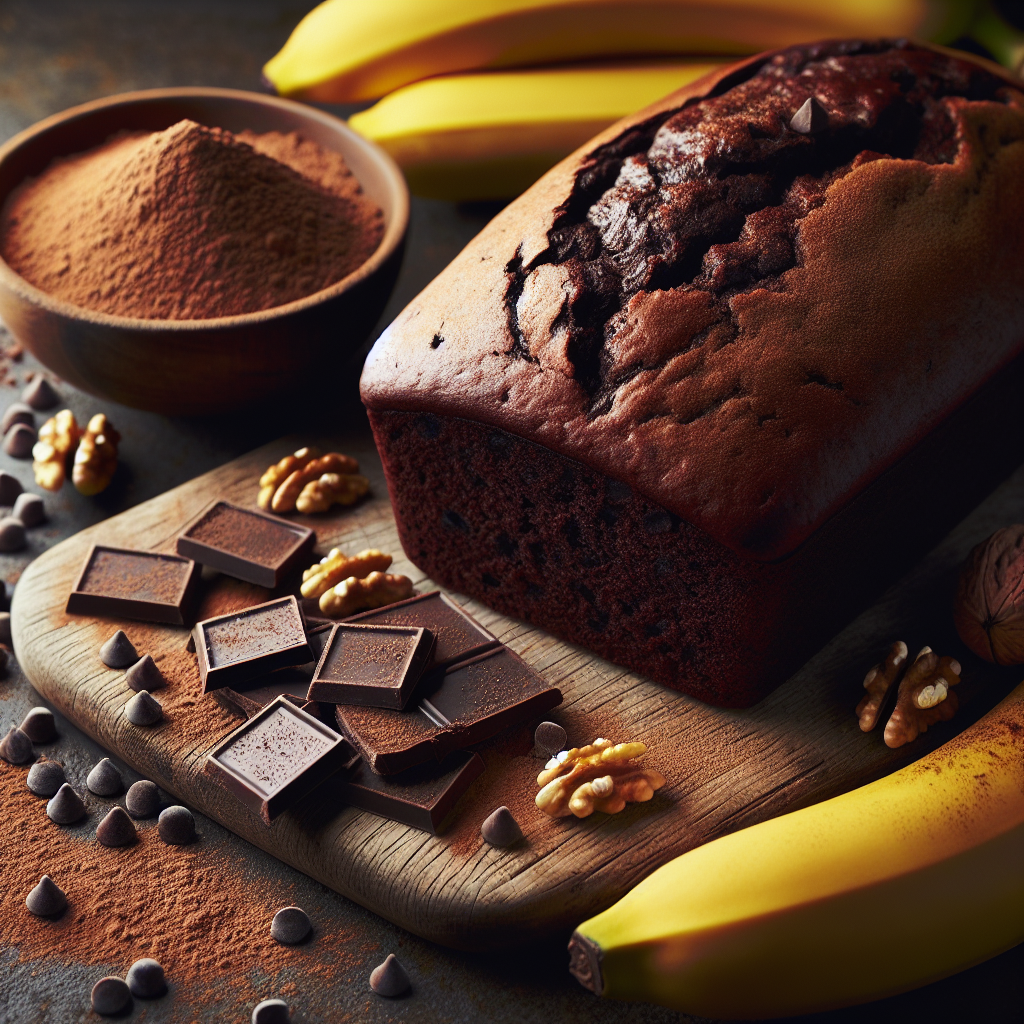 Vegan chocolate banana bread on a cutting board with bananas, chocolate chips, and walnuts.