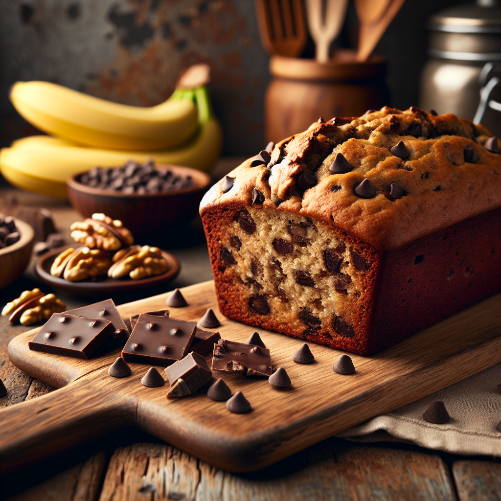 A loaf of vegan chocolate chip banana bread sliced on a wooden cutting board with chocolate chips and walnuts scattered around.