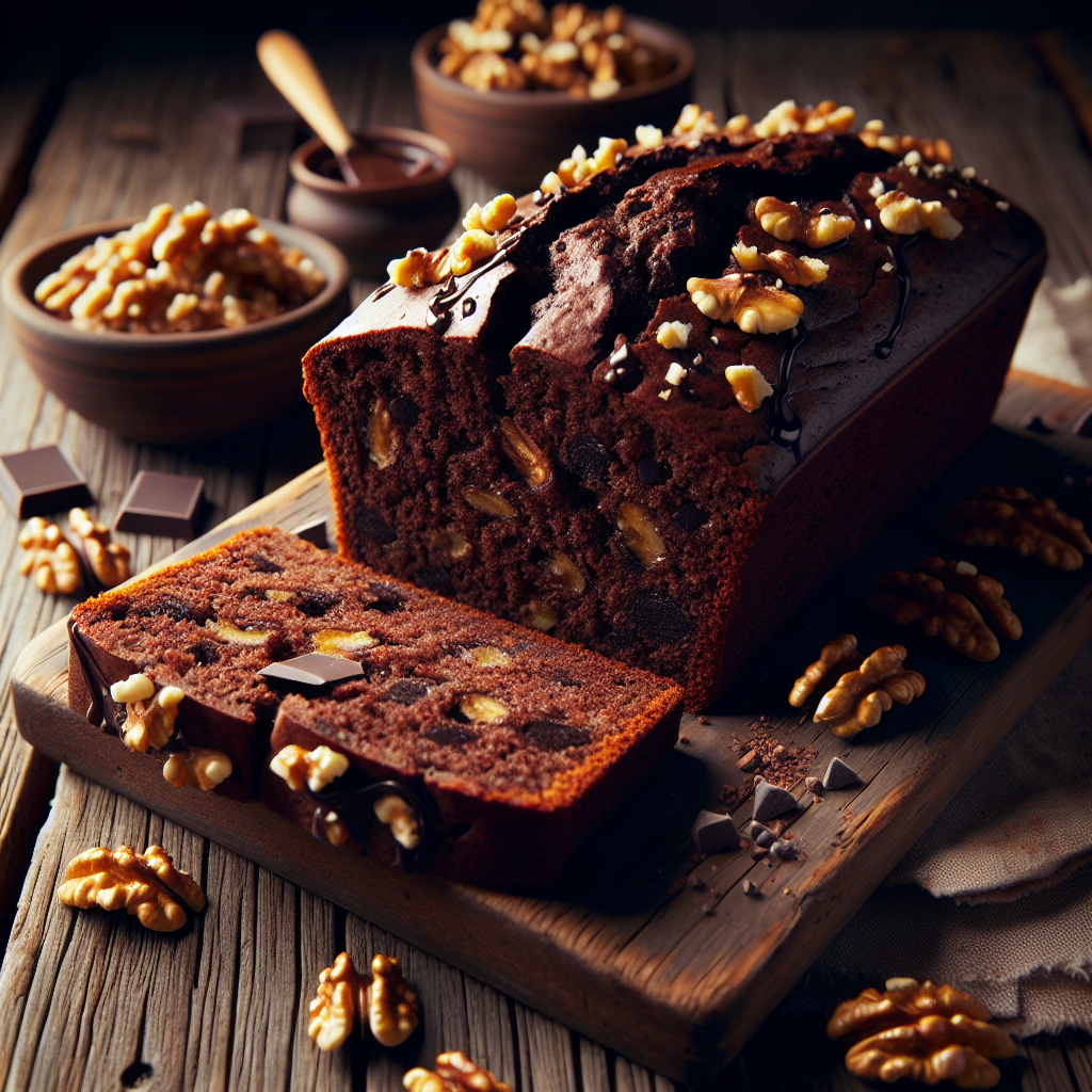 Vegan Chocolate Banana Bread, sliced and served on a wooden table with walnuts and chocolate chips.