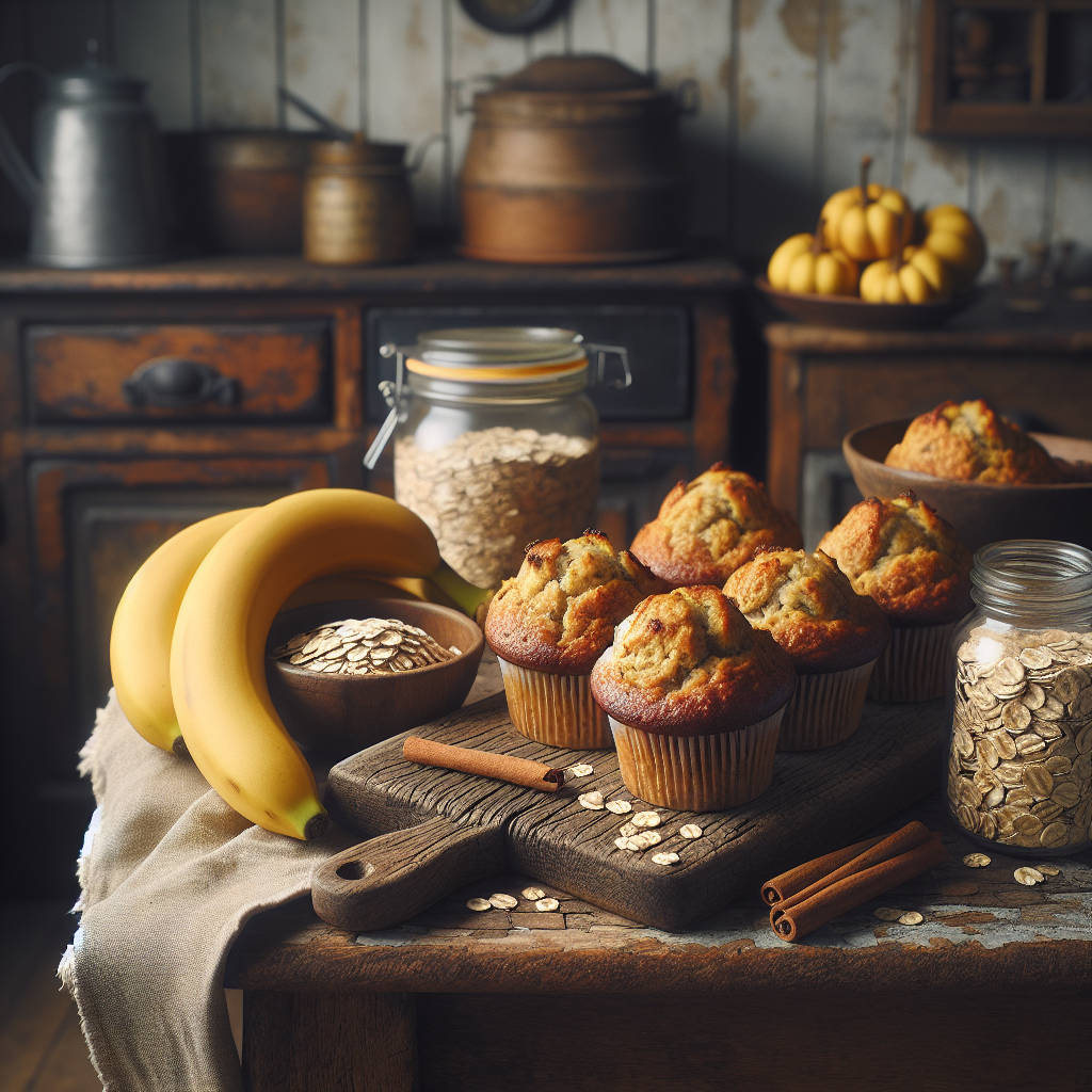 Freshly baked vegan banana oatmeal muffins on a wooden board, surrounded by oats, bananas, and a sprinkle of cinnamon.