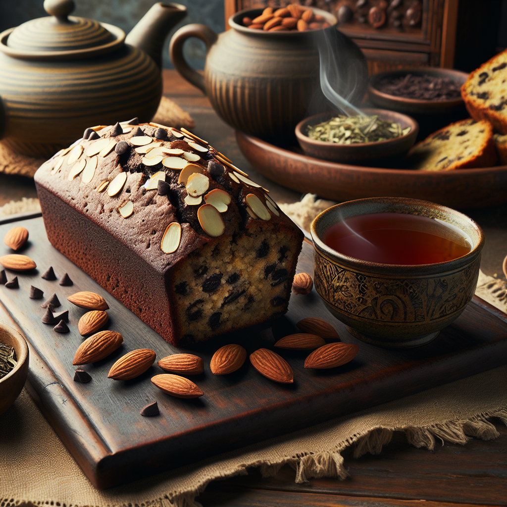 Vegan banana bread on a kitchen counter, garnished with sliced almonds and dark chocolate chips.