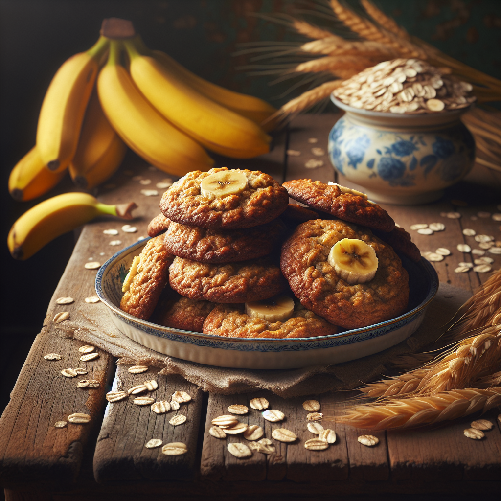 Vegan banana oatmeal cookies on a plate with scattered oats and bananas.