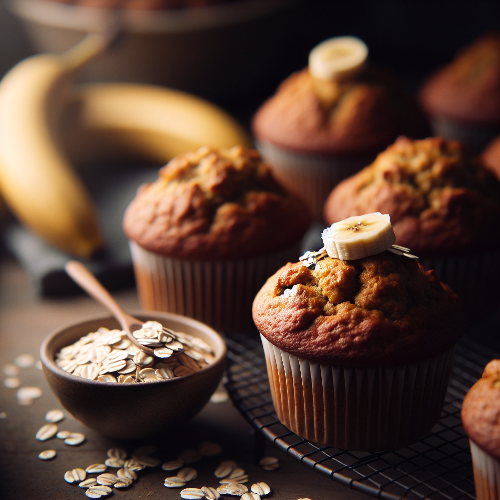 Vegan banana oatmeal muffins cooling on a wire rack, surrounded by ingredients like oats and bananas.