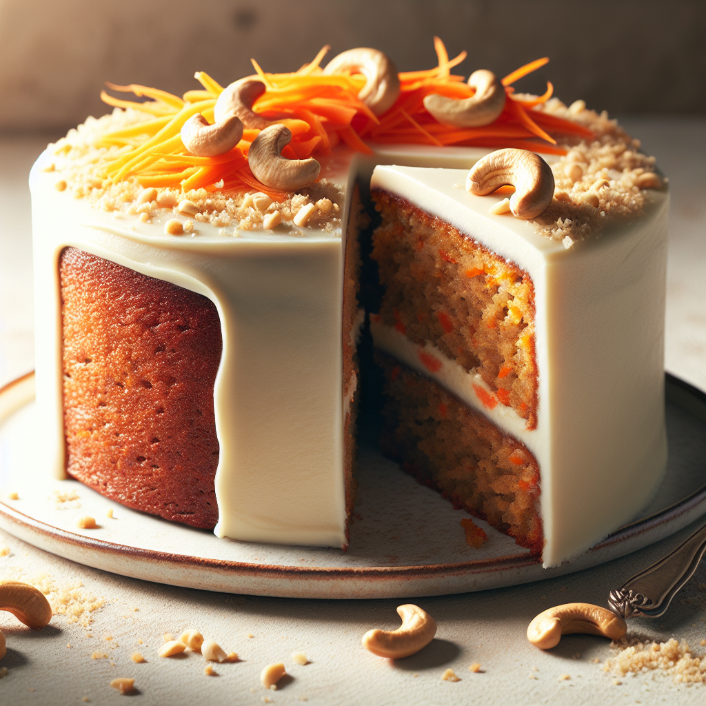 ** A slice of vegan carrot cake with creamy cashew frosting.