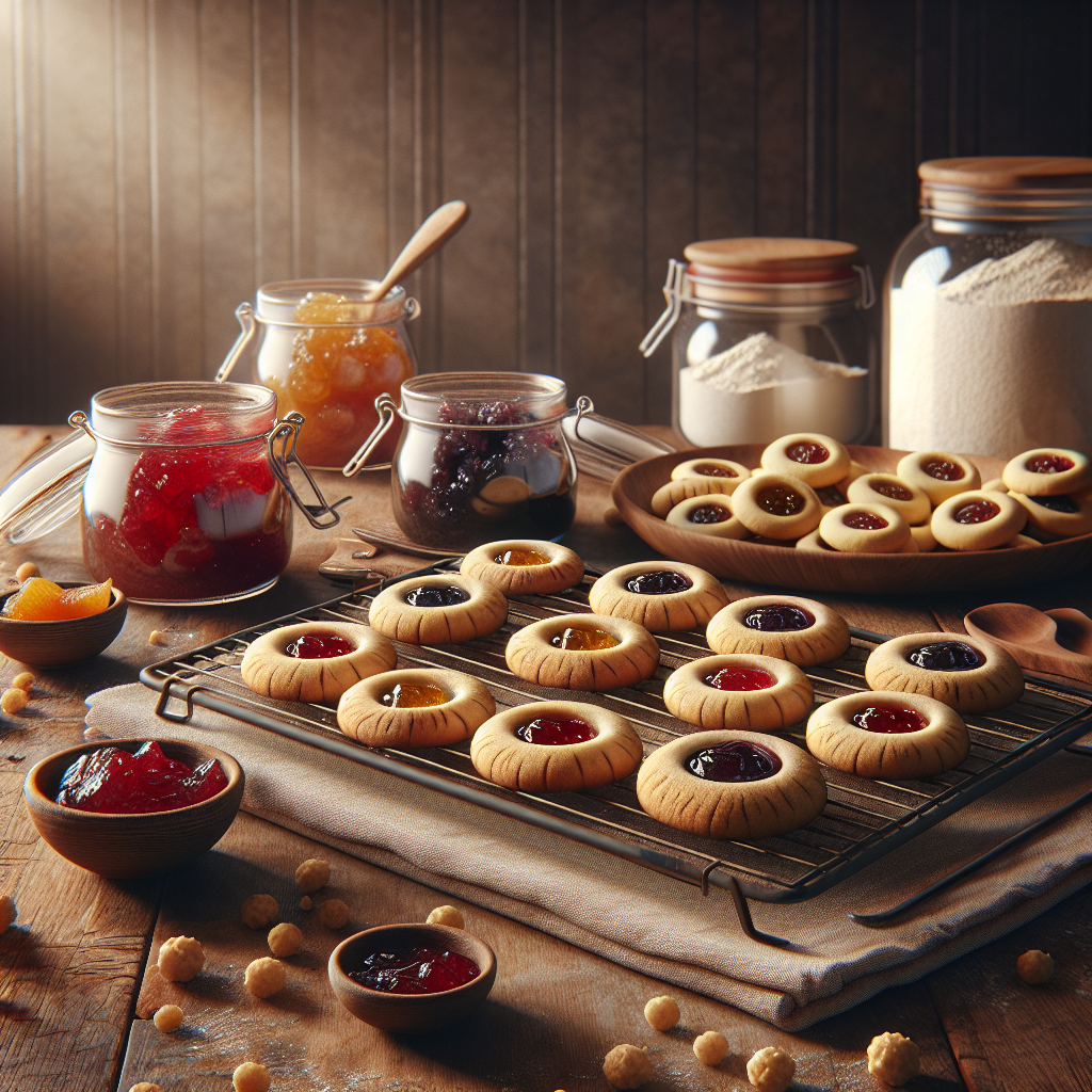 Vegan jam thumbprint cookies with a dollop of raspberry and apricot jam, displayed on a cooling rack.