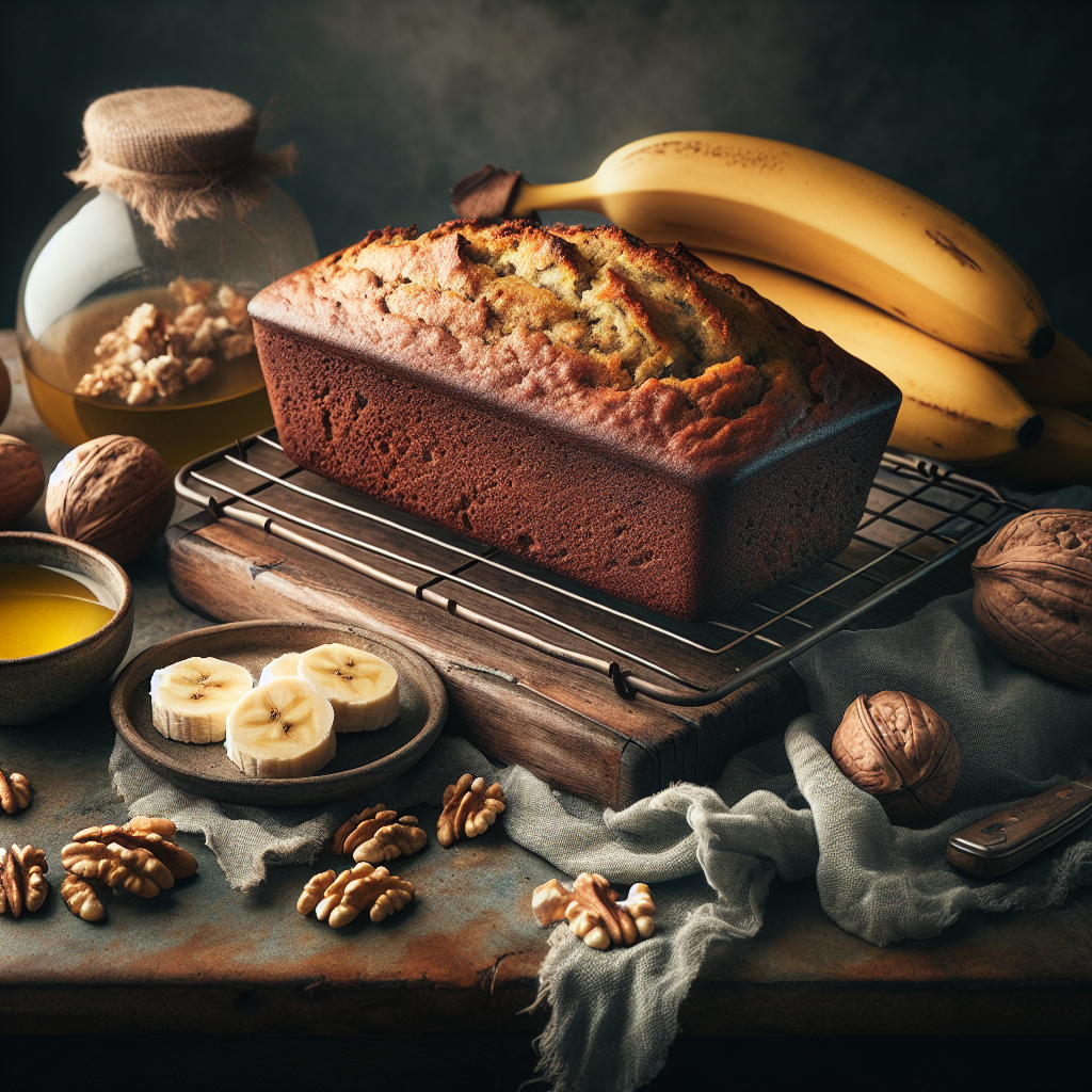 A loaf of vegan banana bread with slices, exposing its moist texture, surrounded by ripe bananas and walnuts.