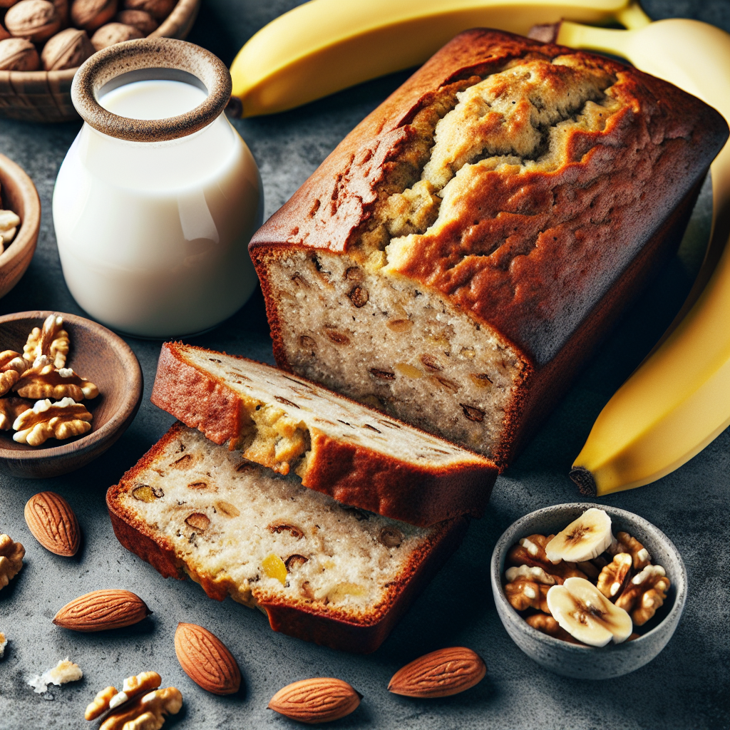 A loaf of homemade vegan banana bread sliced open on a wooden cutting board.