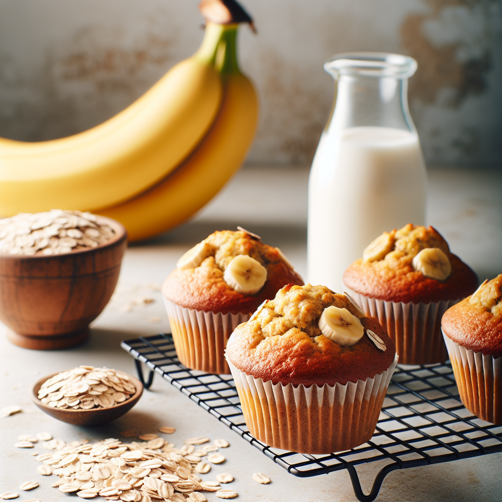 Freshly baked vegan banana oat muffins on a cooling rack with bananas and oats in the background.