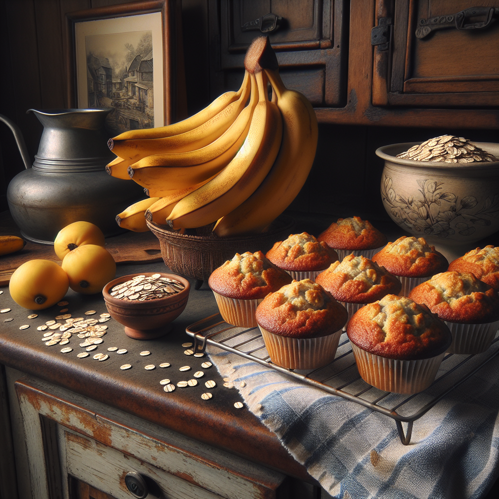 Freshly baked vegan banana oat muffins on a cooling rack surrounded by ripe bananas and oats.