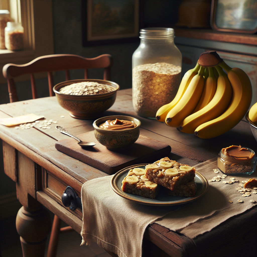 Vegan banana oatmeal breakfast bars served on a plate with bananas and oats in the background.