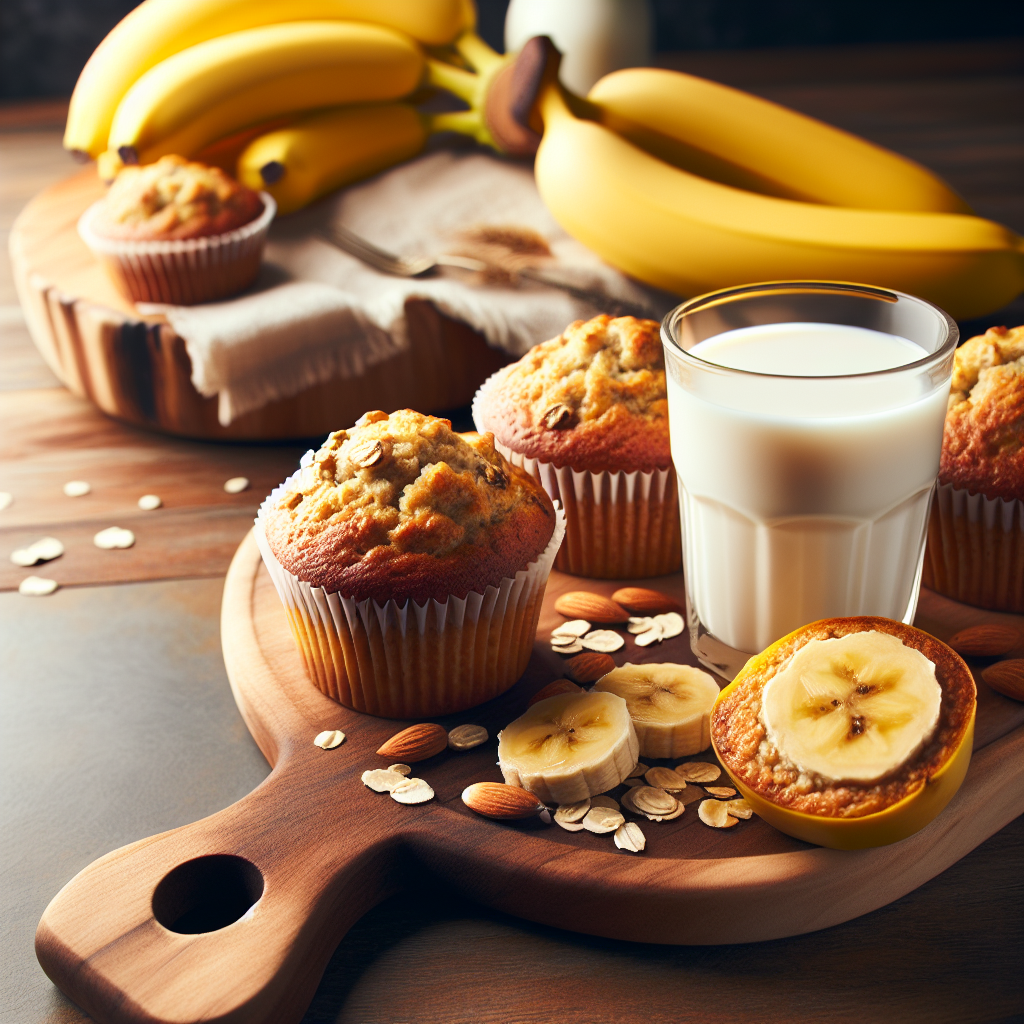 Vegan banana oatmeal muffins on a wooden board with bananas and almond milk.