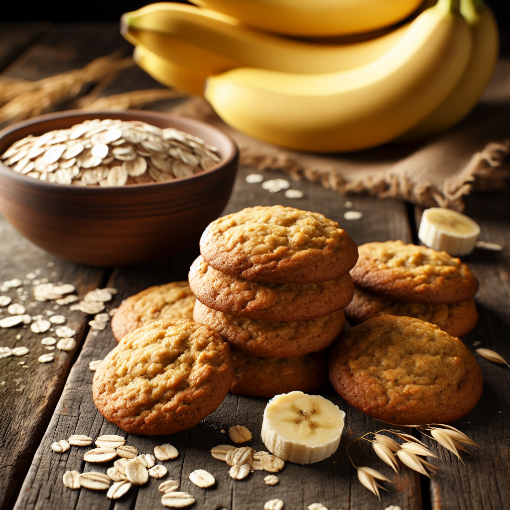 Vegan banana oatmeal cookies stacked on a plate with rolled oats and bananas.