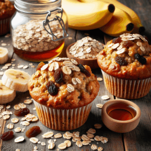 Freshly baked vegan banana oatmeal muffins cooling on a wire rack, surrounded by bananas and a drizzle of maple syrup.