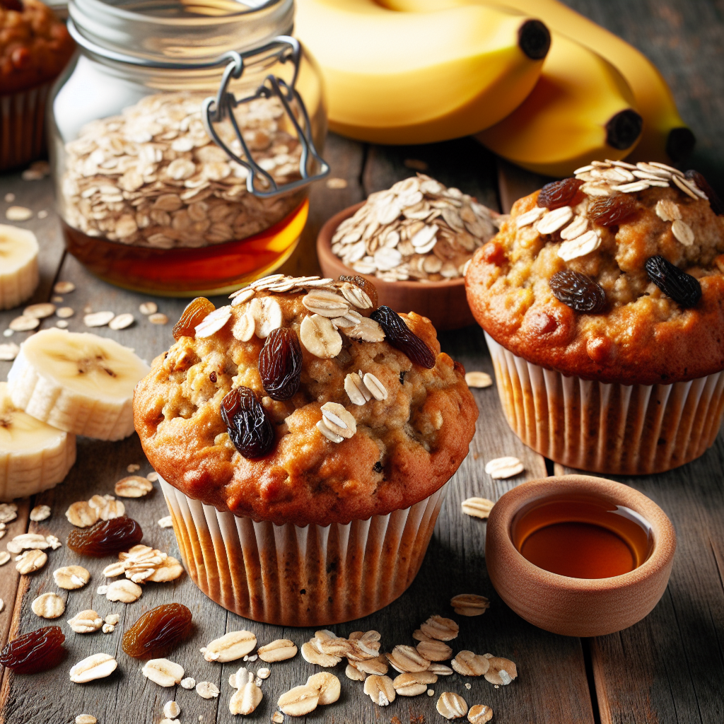 Freshly baked vegan banana oatmeal muffins cooling on a wire rack, surrounded by bananas and a drizzle of maple syrup.