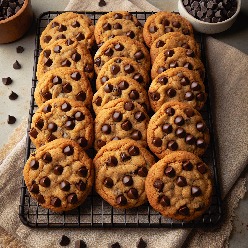 Freshly baked vegan chocolate chip cookies cooling on a wire rack.