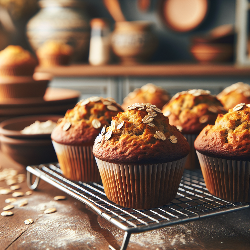 A batch of golden-brown vegan banana oat muffins cooling on a wire rack, surrounded by ingredients like bananas, oats, and a jug of almond milk.