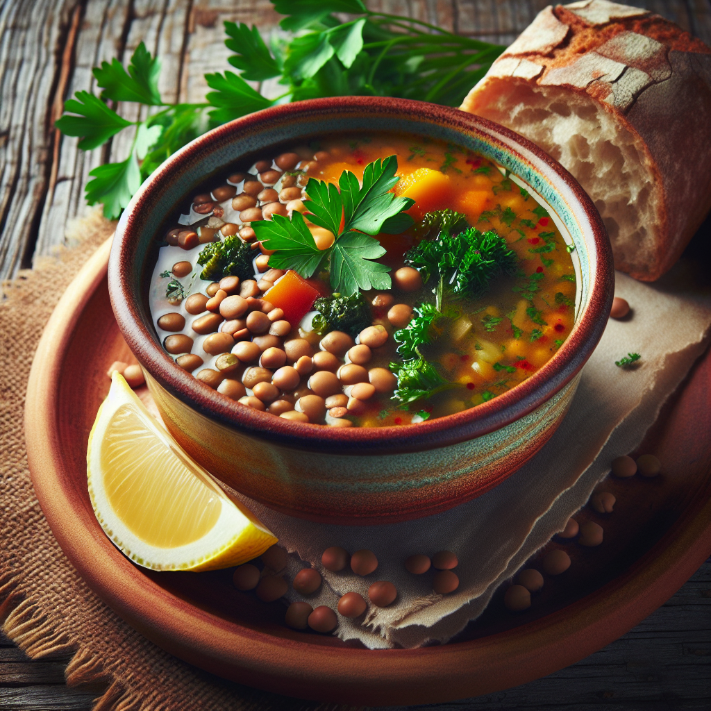 A hearty bowl of vegan lentil and vegetable soup garnished with parsley and a lemon wedge.