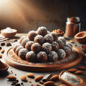 Vegan chocolate coconut bites clustered on a wooden board, complemented by their core ingredients like shredded coconut and cocoa powder.