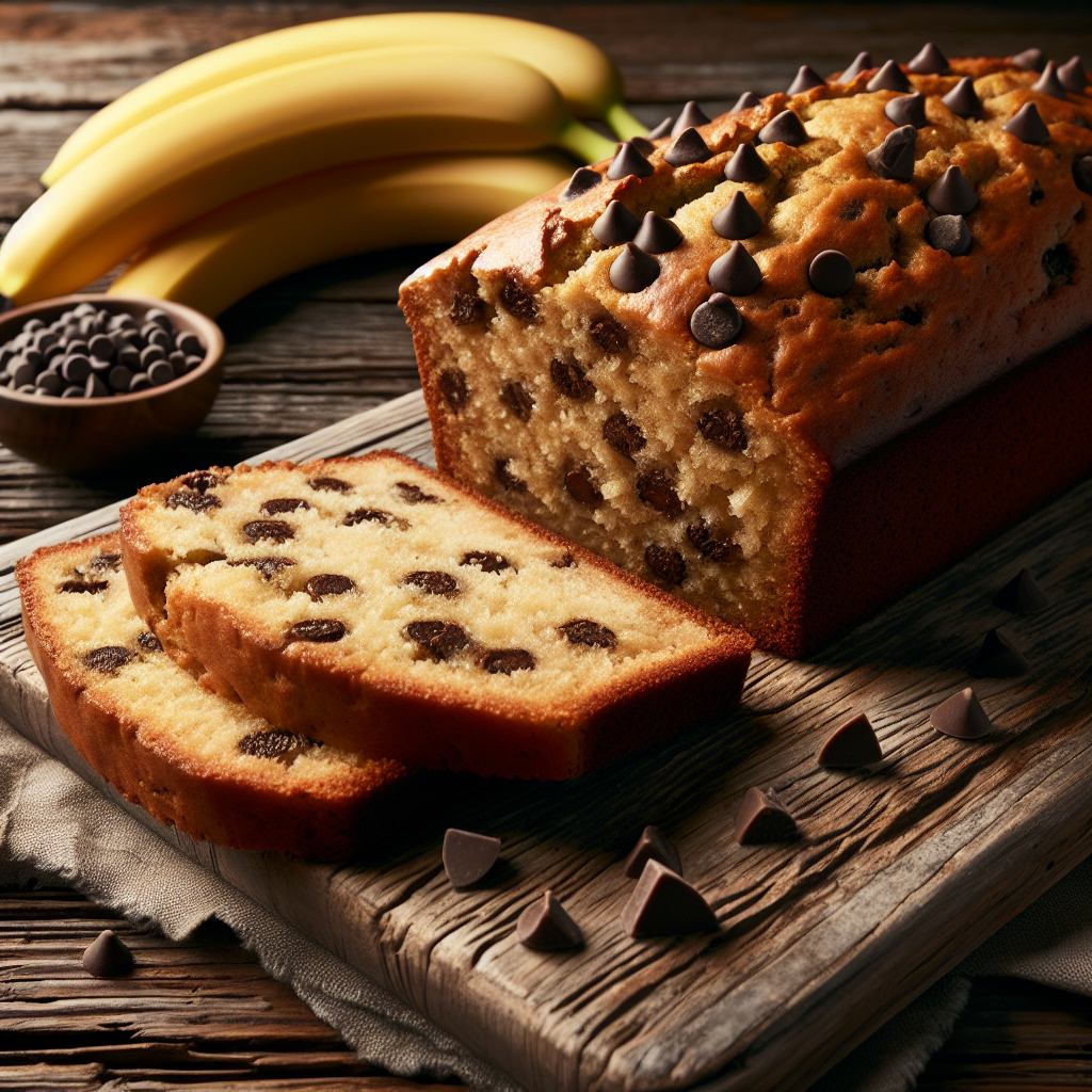 Vegan Chocolate Chip Banana Bread sliced, with bananas and chocolate chips on a wooden table.